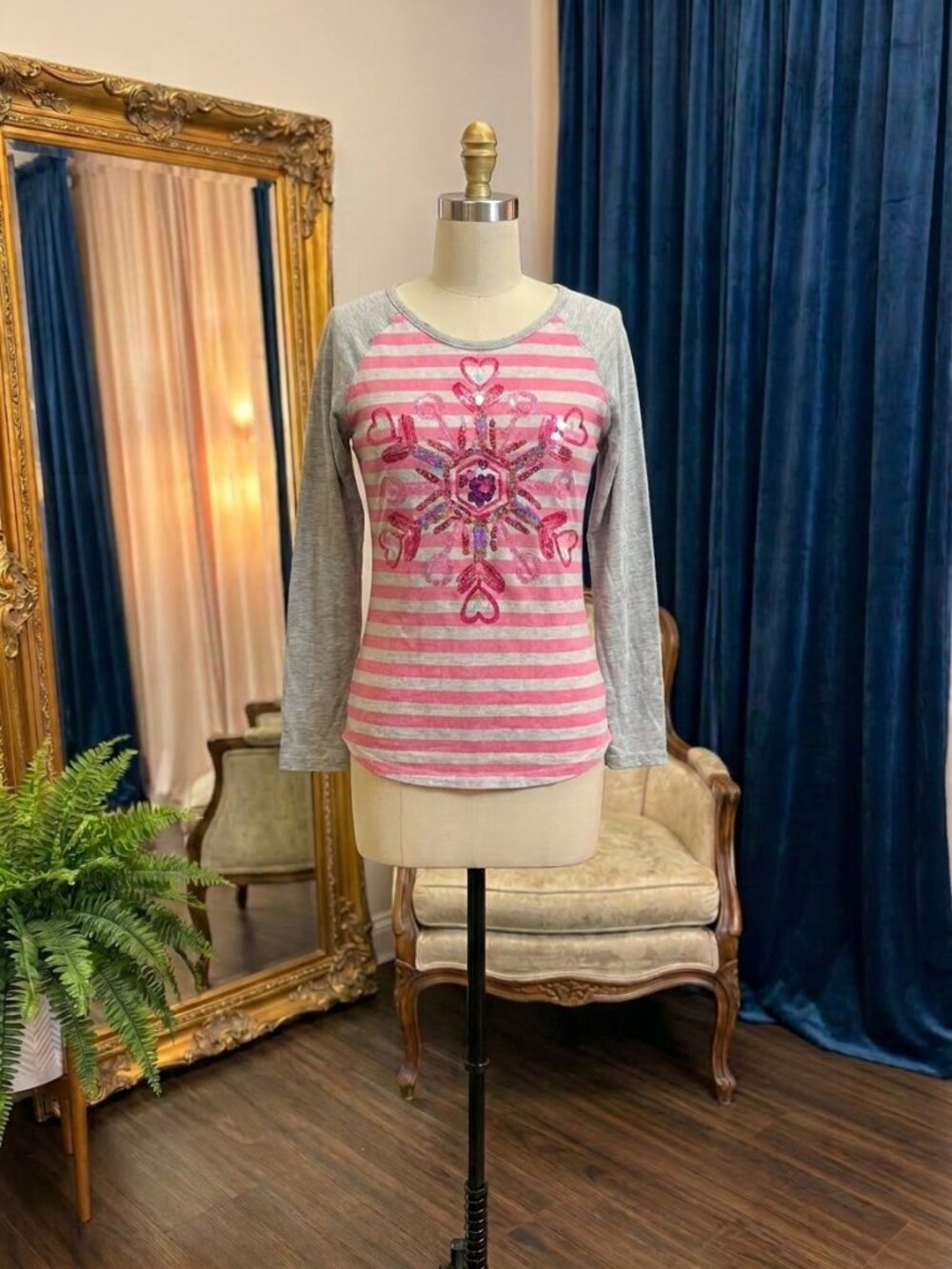 Justice Girls Size 10 Pink Striped Long Sleeve Top Sequin Snowflake Graphic